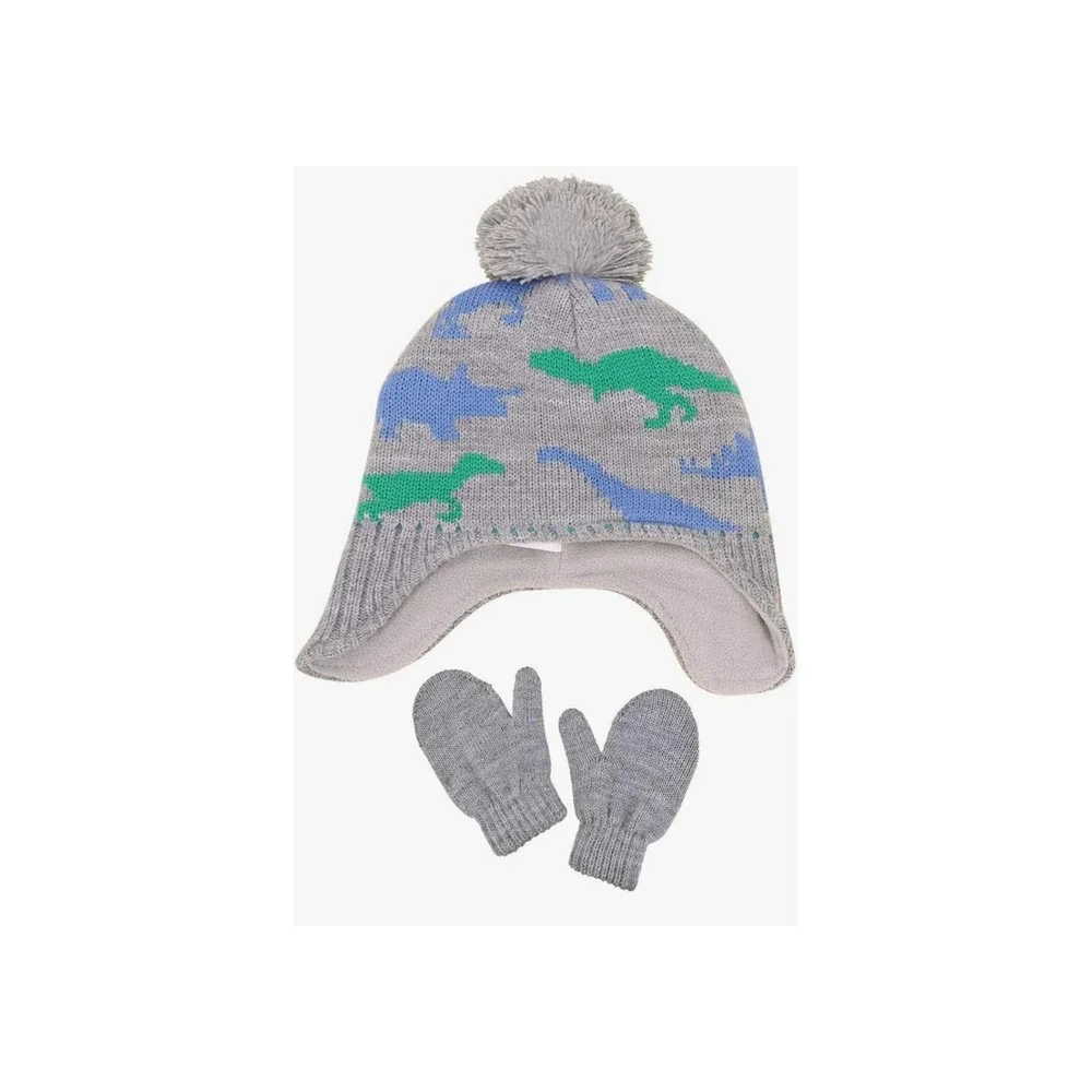 Kids Dinosaur Knit Beanie Hat with Ear Flaps Fleece Lined‎ and Mittens Set Grey